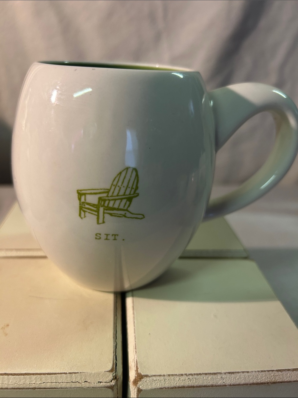 Rae Dunn White Mug with Green Accent and Adirondack Graphic